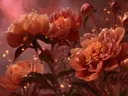 Schilderij van gloeiende koraalkleurige pioenrozen in een roze nevel met lichtjes