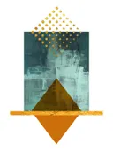 Abstract schilderij met gouden piramide op turquoise