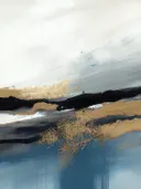 Abstract schilderij met gouden regen boven marineblauw water