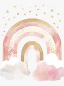Roze en gouden regenboog tussen wolken en sterren