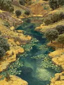 Rivier met waterlelies door een groene en goudkleurige canyon, met een kleine roeiboot en bomen aan de oevers.