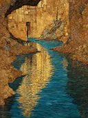 Rivier tussen gouden bebouwde rotswanden met een deuropening en turquoise water