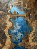 Schilderij van een gouden rivierlandschap met stenen brug, een figuur en bootjes richting een Italiaans stadje