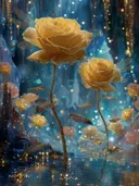 Schilderij van gouden rozen bij glinsterend water met een libelle