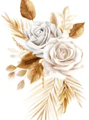Aquarel boeket van witte rozen en gouden bladeren