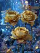 Schilderij van gouden rozen met libellen in een blauw bos