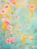 Schilderij van roze rozen met gouden takken en bladeren op een turquoise achtergrond