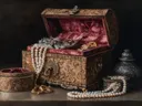 Schilderij van een gouden schatkist met parels