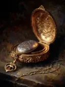 Gouden sieradendoos op donkere tafel, stilleven schilderij