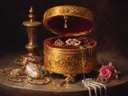 Schilderij van een gouden sieradenkistje met kandelaar