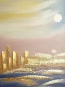 Abstract schilderij met gouden skyline bij zonsondergang