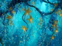 Schilderij van gele sterbloesems in een blauw lichtgevend woud