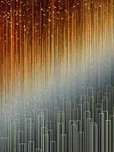 Abstract schilderij met gouden lijnen en vage skyline