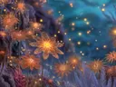 Schilderij van gloeiende stervormige bloemen in een nachtelijke tuin