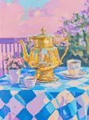 Schilderij van een gouden theepot met theekopjes op een geblokt tafelkleed.
