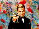 Pop-art schilderij van een man in smoking die proost, met kleurrijke abstracte achtergrond