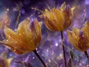 Schilderij van gouden tulpen tegen een paarse kosmische nevel.