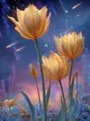 Schilderij van gouden tulpen met vallende sterren en blauwe vlinders