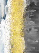 Expressionistisch schilderij met gouden verfspetters op grijs