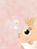 Illustratie van een visje met gouden glitterstaart en luchtbellen op een roze achtergrond