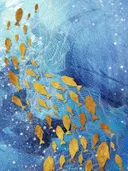 Schilderij met een gouden vissenzwerm in blauw water