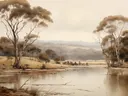 Landschap met eucalyptusbomen langs een rivier in een goudkleurige, mistige omgeving.