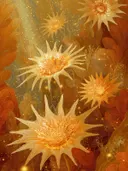 Schilderij van gloeiende gouden stervormige vuurbloemen bij zonsondergang
