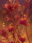 Schilderij van gouden gloeiende fantasiebloemen tegen een oranje achtergrond