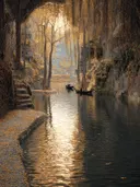 Boomtakken die als een gouden gordijn over een rivier hangen met bootjes en stenen trappen
