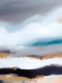 Abstract schilderij met gouden wolkenpartijen boven een donkere achtergrond