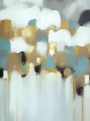 Abstract schilderij met gouden en teal wolkvormen