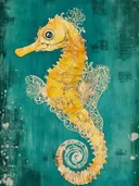 Gouden zeepaardje met decoratieve patronen op een turquoise achtergrond