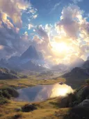 Schilderij van een zonsopgang die weerspiegelt in een bergmeer