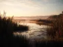 Schilderij van een gouden zonsopgang in een moeras