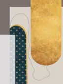 Grafisch art deco schilderij met gouden zuil en teal stippenpatroon