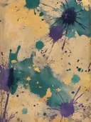 Abstract schilderij met goudfolie en spetters groene en paarse inkt