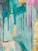 Abstract schilderij met turquoise en paarse druipverf en goudfolie accenten