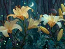 Schilderij van goudgele lelies die oplichten in een nachtelijk bos