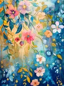Aquarel schilderij van hangende bloesems met gouden glitter op blauwe en gouden achtergrond