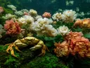 Schilderij van een goudkleurige krab tussen witte bloemen onder water
