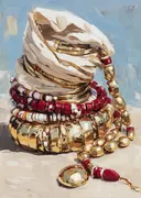 Stilleven met gouden en rode kralensieraden