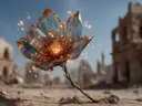 Goudoranje vlambloem in de woestijn, surrealisme schilderij