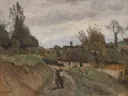 (Gouvieux paysan et paysanne chemin et vill111119) van Jean-Baptiste-Camille Corot: landschap met zandweg, dorp, huizen en boeren, in warm oker en groen