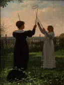 Grace Hoops (1872, McMullen Museum of Art) van Winslow Homer: figuren met vrouwen, spel, tuin en hek, in donkergroen met wit