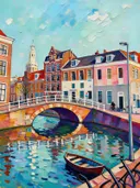 Gracht met boogbrug in kleurrijk modern, schilderij
