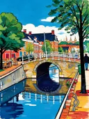 Gracht met boogbrug in vlakke acryl, schilderij