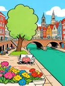 Gracht met brug in cartoonstijl, schilderij