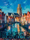 Gracht met kerktoren in kleurrijk modern, schilderij