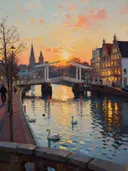 Gracht met ophaalbrug in avondlicht, schilderij