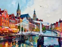 Gracht met ophaalbrug in kleurrijk modern, schilderij